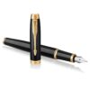 Parker IM Fountain Pen - Black Lacquer with Gold Trim - Fine Nib - Blue Ink - Gift Box