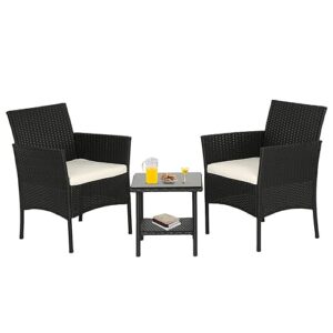 FDW Outdoor Wicker Bistro Rattan Chair Conversation Sets with Coffee Table for Yard Backyard Lawn Porch Poolside Balcony,Black