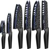 Astercook Knife Set, 12 Pcs Colorful Geometric Pattern Kitchen Knives Set, 6 Stainless Steel Chef Knife Sets with 6 Blade Guards, Dishwasher Safe, Black