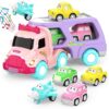LASCOTON 5-in-1 Carrier Truck Toy for 1-3 Year Old Girls - Friction Power, Light & Sound, Pink