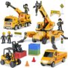 Construction Toy, Vehicles Playset of Crane, Forklift, Pickup Dump Truck with Action Figures & Traffic Accessories