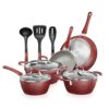 NutriChef Non-Stick Kitchenware Pots & Pans Set - 11 Pieces, Diamond Pattern, Gray Inside & Red Outside