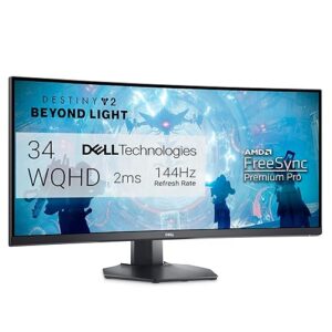 Dell S3422DWG Curved Gaming Monitor - 34 Inch 1800R Curved Screen with 144Hz Refresh Rate, WQHD (3440 x 1440) Display, HDMI, DP to DP 1.4 Cable, AMD FreeSync - Black