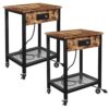 End Table Set of 2 with Charging Station, USB Ports, Wheels, and Storage Shelf - Ideal for Living Room Bedroom