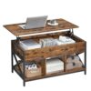 VASAGLE Lift Top Coffee Table with Storage Shelf and Hidden Compartments, Rustic Brown and Black ULCT202B01