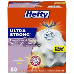Hefty Ultra Strong 13 Gallon Trash Bags, Tall Kitchen Trash Bags 13 Gallon Size, Drawstring Closure, Continuous Odor Control, White, Lavender and Sweet Vanilla Scent, 80 Bags