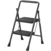 RIKADE 2 Step Folding Step Stool with Wide Anti-Slip Pedal and Handgrip, Lightweight and Portable, Multi-use Steel Ladder for Household and Office - Black