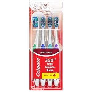 Colgate 360 Optic White Whitening Toothbrush, Adult Soft Toothbrush with Whitening Cups, Helps Whiten Teeth and Removes Odor Causing Bacteria, 4 Pack