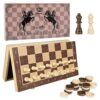 Magnetic Chess Set with Folding Wooden Board - 15", Portable and Foldable, Includes Checkers Game and Extra Queens