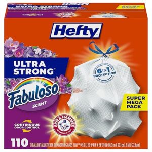 Hefty Ultra Strong 13 Gallon Trash Bags, Tall Kitchen Trash Bags 13 Gallon Size, Resist Leaks, Punctures, and Rips, Continuous Odor Control, White, Fabuloso Scent, 110 Bags