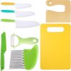 Wooden Kitchen Knife Set for Kids - 8 Pieces, Safe Knives, Potato Slicers, Sandwich Cutter, Peeler, Cutting Board