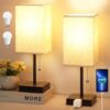 Bedroom Table Lamp Set of 2 with AC Outlets and Pull Chain, Warm White Light for Living Room, Office Desk - Includes LED Bulb
