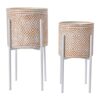 Modern Boho Embossed Metal Planters with Stands, White and Terracotta, Set of 2 Sizes
