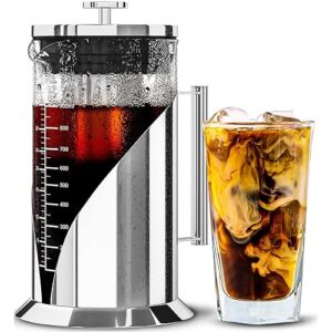 Cafe Du Chateau Cold Brew Coffee Maker - 34oz Airtight Iced Coffee & Tea Pitcher with Measuring Label, Stainless Steel Filter, Ideal for Fridge Storage