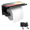 Toilet Paper Holder with Phone Shelf, Towel Hooks, and Shelf (Matte Black)