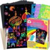 Scratch Paper Art Set for Kids, 60 Pcs Rainbow Magic Scratch Paper with Wooden Stylus - Halloween Christmas Birthday Gift
