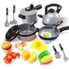 Cute Stone Kids Kitchen Pretend Play Set with Cookware, Play Food, and Utensils