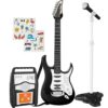 Kids Electric Guitar Play Set with 6 Demo Songs, Whammy Bar, Microphone, Amp, AUX, 2 Sticker Sheets - Black