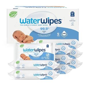 WaterWipes Plastic-Free Original-baby Wipes, 99.9% Water Based Wipes, Unscented & Hypoallergenic for Sensitive Skin, 60 Count (Pack of 9) Total 540 wipes, Packaging May Vary