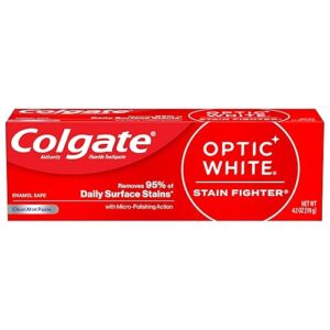 Colgate Optic White Stain Fighter Whitening Toothpaste, Clean Mint Flavor, Safely Removes Surface Stains, Enamel-Safe for Daily Use, Teeth Whitening Toothpaste with Fluoride, 4.2 Oz Tube