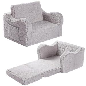 Kids Chairs for Toddler, 2-in-1 Toddler Soft Sherpa Couch Fold Out, Convertible Sofa to Lounger for Girls and Boys, Grey