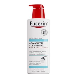 Eucerin Advanced Cleansing Body and Face Cleanser, PH-Balanced, Gentle Face and Body Wash for Normal to Dry, Sensitive Skin, Free of Soap, Fragrances, Dyes and Parabens, 16.9 Fl Oz Bottle