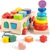 Montessori Wooden Shape Sorter Stacking Rings Toy for Toddlers, Pull Along Educational Learning Toy, 1 Year Old Boys Girls Gift