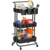 3-Tier Rolling Utility Cart with Hanging Cups & Hooks, Handle & Wheels - Black