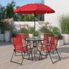 Nantucket 6-Piece Red Patio Set with Table, Umbrella, and 4 Folding Chairs