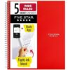 Five Star Spiral Notebook, 5 Subject, Wide Ruled, Water Resistant Cover, Fire Red