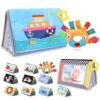 Tummy Time Book with Mirror and Rattle, Baby Toys Set for 0-12 Months, Montessori Toys for Newborn Development