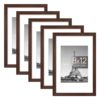 Picture Frame Set of 5, Display Pictures 6x8 or 8x12, Wall Gallery Frames - Brown