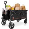 Collapsible Folding Wagon with Drink Holders, Heavy Duty Utility Grocery Cart for Camping and Shopping, Black