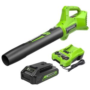 Greenworks 24V (90 MPH / 320 CFM / 125+ Compatible Tools) Cordless Axial Leaf Blower, 2.0Ah Battery and Charger Included