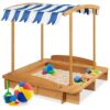 Kids Wooden Cabana Sandbox Play Station with Canopy Shade and Bench Seats - Natural
