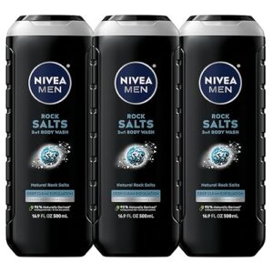 NIVEA Men Deep Clean Rock Salts Body Wash with Scrub Particles and Natural Rock Salt, Exfoliating Body Wash for Men, Cleanses Without Drying Skin, 16.9 Fl Oz Bottle, Pack of 3