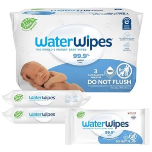 WaterWipes Plastic-Free Original Baby Wipes, 99.9% Water Based Wipes, Unscented & Hypoallergenic for Sensitive Skin, 180 Count (3 packs), Packaging May Vary