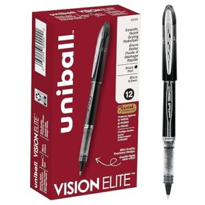 uni-ball Vision Elite Rollerball Pens Fine Point Micro Tip, 0.5mm, Black, 12 Pack