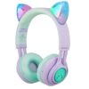 Kids Cat Ear Wireless Headphones with Volume Limiting and LED Lights (Purple & Green)