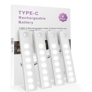 Under Cabinet Lights,LED Rechargeable Battery Operated Motion Sensor Light Indoor, 4 Pack Closet Lights Under Counter Lights for Kitchen,Cupboard,Stairs (White Light)