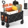 Foldable Wagon with Wheels, Portable Heavy Duty Collapsible Beach Cart - Large Capacity Utility Wagon for Shopping, Sports, Camping，Garden，Grocery - Black