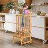 Toddler Tower, Adjustable Height Toddler Step Stool with CPC Certification, Safety Rail & Anti-tip Feet & Non-Slip Tapes Vertical Guardrail Toddler Stool for Kitchen, Natural Bamboo