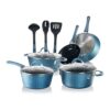 NutriChef Nonstick Cookware Excilon Home Kitchen Ware Set with Saucepan, Frying Pans, Cooking Pots, Lids, Utensil PTFE/PFOA/PFOS Free, 11 Pcs, Blue