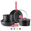 CAROTE Pots and Pans Set Non Stick, Cookware Sets, 11pcs Kitchen Set, Oven/Fridge Safe, Space Saving Pots Set, Nonstick Set with Versatile Removable/Detachable Handle, Induction RV Set, Tropical Pink