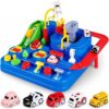 YEZI Car Adventure Toys for Kids, City Rescue Playsets Magnet Toys w/ 5 Mini Cars, Puzzle Rail Car, Preschool Educational Car Games Gift for 3 4 5 6 7 Year Old Boys Girls (Blue)