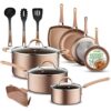 NutriChef 14-Piece Nonstick Cookware PFOA/PFOS-Free Heat Resistant Lacquer Kitchen Ware Set w/Saucepan, Frying Pans, Cooking, Dutch Oven Pot, Lids, Utensils, NCCW14S, Shiny Golden