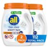 All Mighty Pacs Laundry Detergent with OXI Stain Removers and Whiteners, Free Clear, 56 Count, Pack of 2, 112 Total Loads