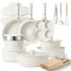 CAROTE 33pcs Pots and Pans Set Non Stick, Cookware Set, Removable Handle Pots and Pans Nonstick, RV Oven Safe Cookware, Induction Kitchen Cookware Set, Knife Set, Cream White