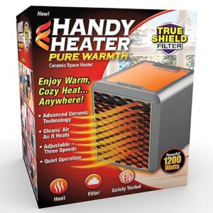Ontel Handy Heater Pure Warmth 1200W Personal Ceramic Space Heater with Adjustable Heat - Portable, Quiet & Energy Efficient Small Space Heater for Bedroom, Office, Garage & More