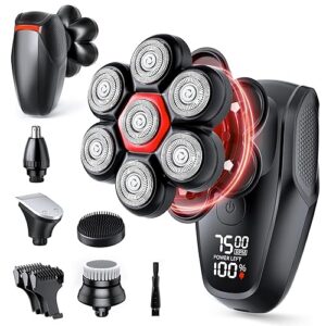 Head Shavers for Bald Men - Magnetic 7D Electric Razor IPX8 Waterproof for Bald Men, Wet/Dry LED Display Rechargeable Rotary Shaver 5-in-1 Grooming Kit with USB-C Charge